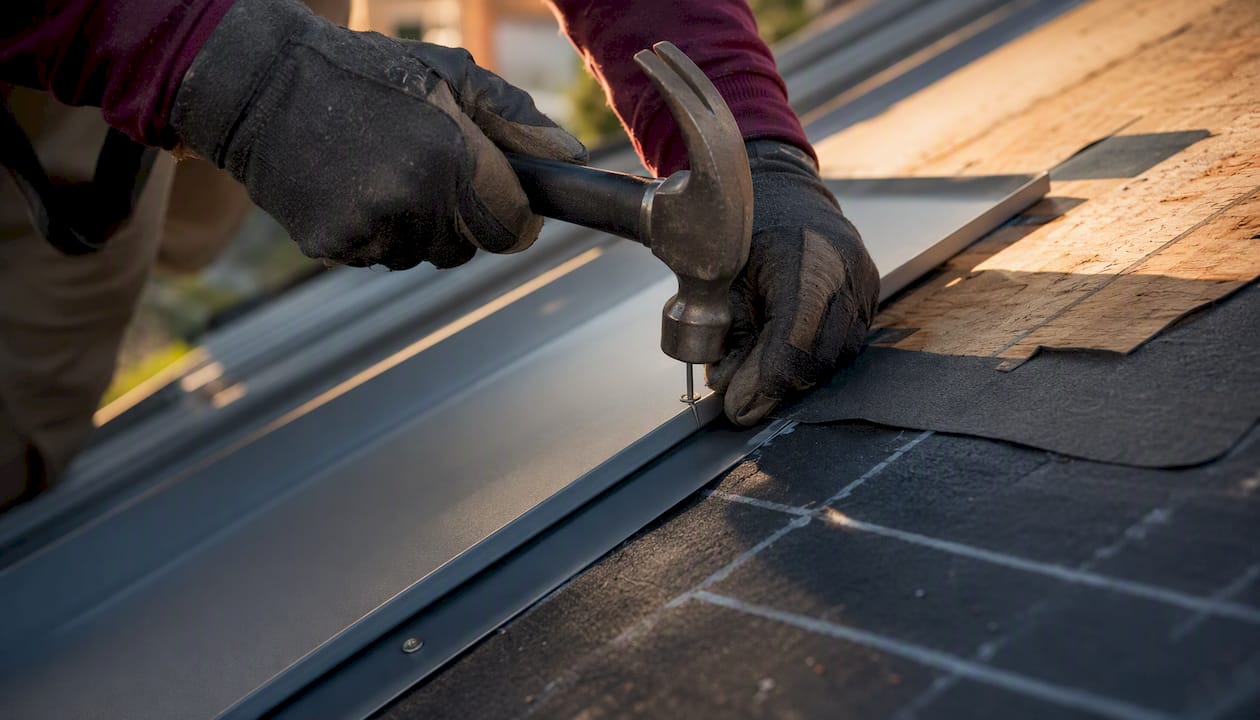 Roofer installing flashing with nails