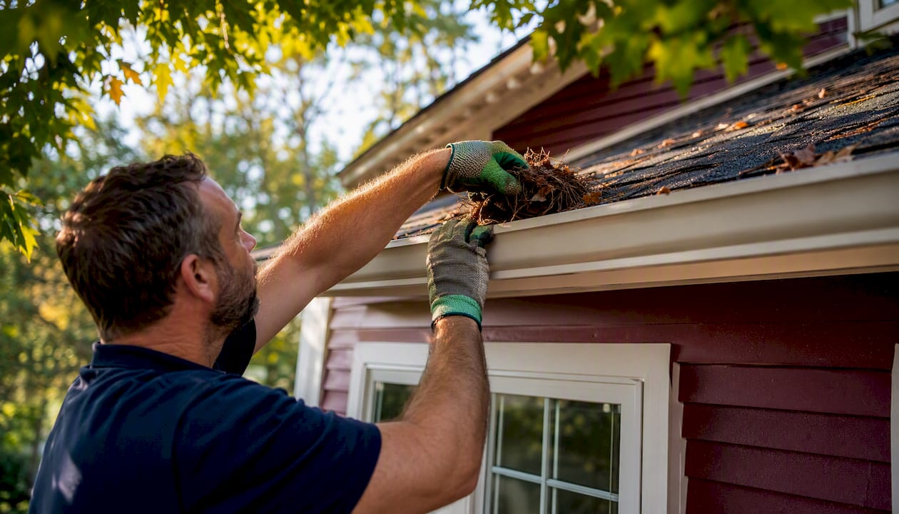 Homeowner cleaning debris from roof gutters