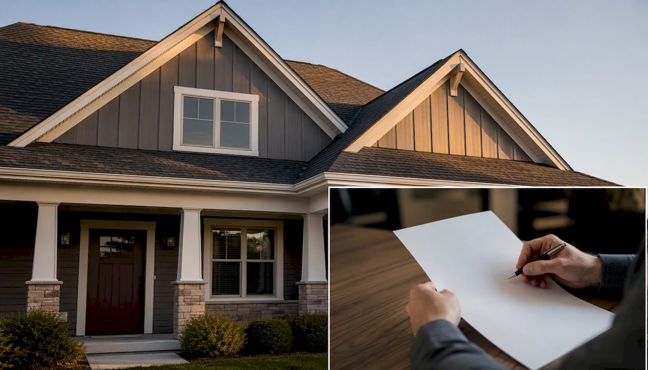 House roof with hands filling loan application