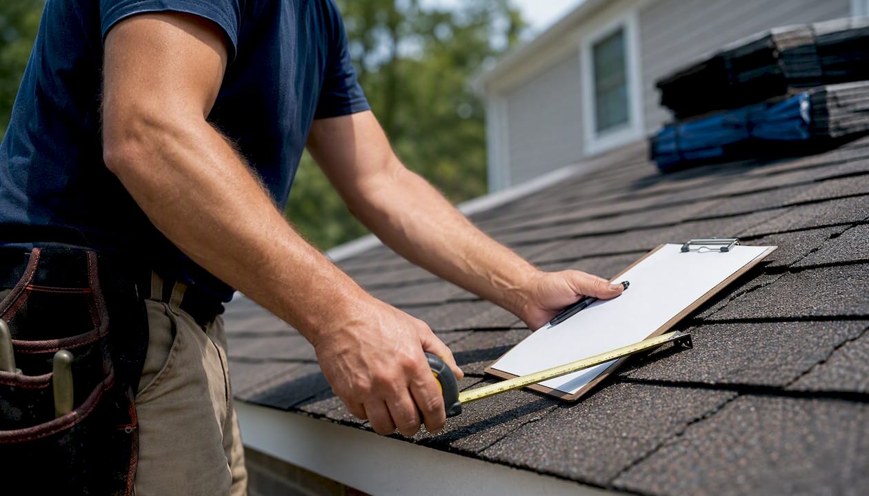 Roofer measuring roof for repair estimate