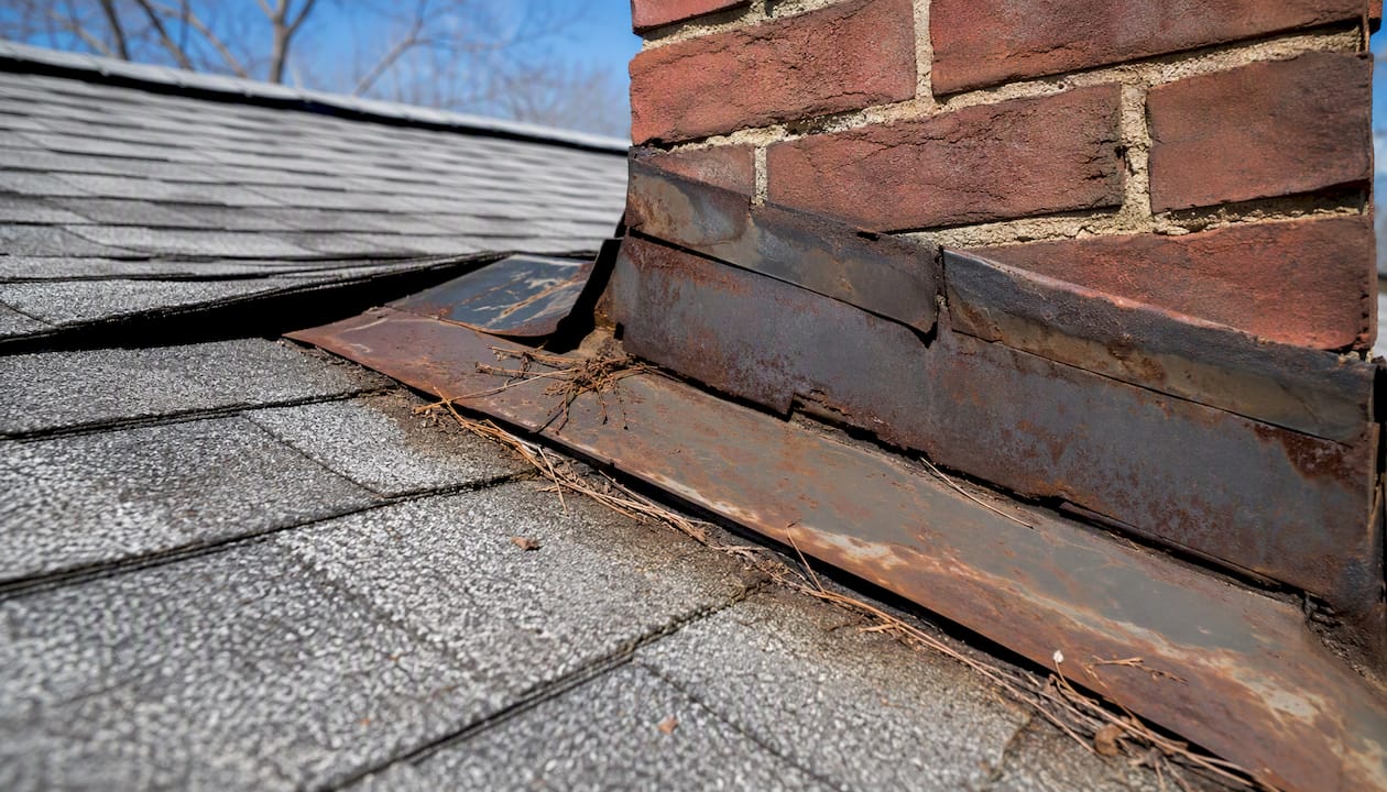 Close-up of damaged roof flashing near chimney