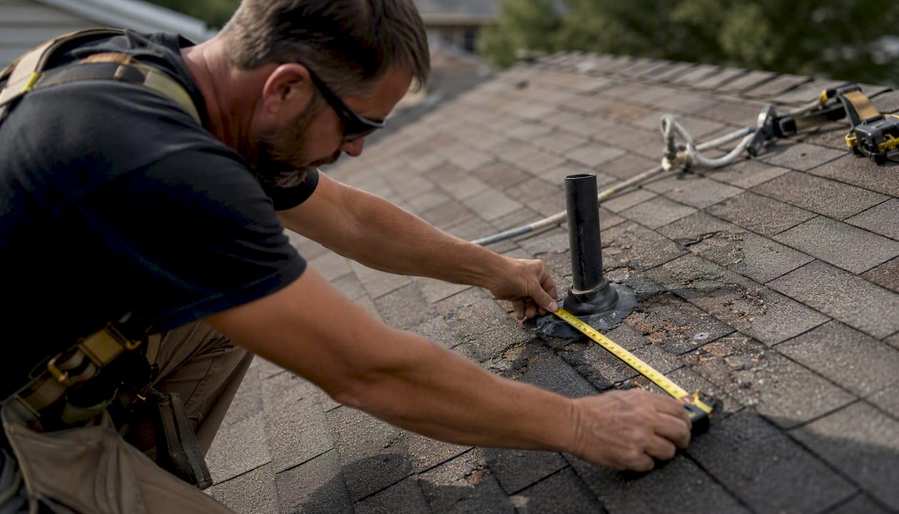 Roofer measuring damaged shingles on roof