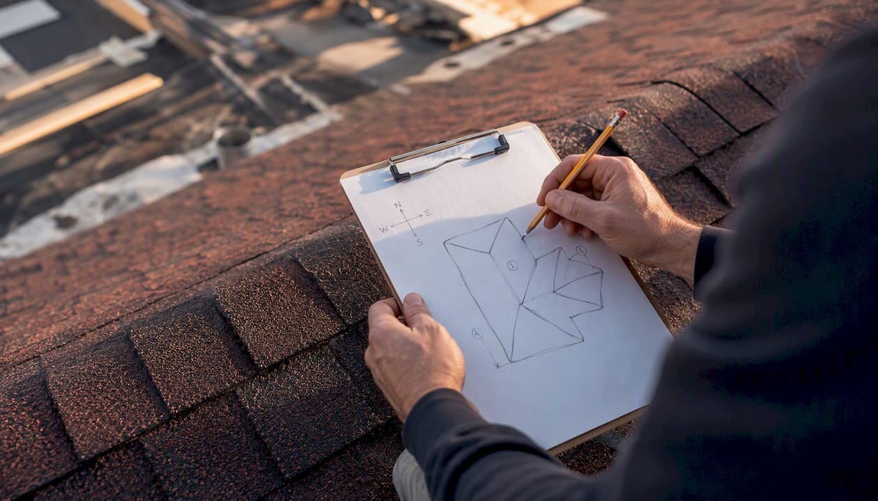 Hand sketching roof zone map on clipboard