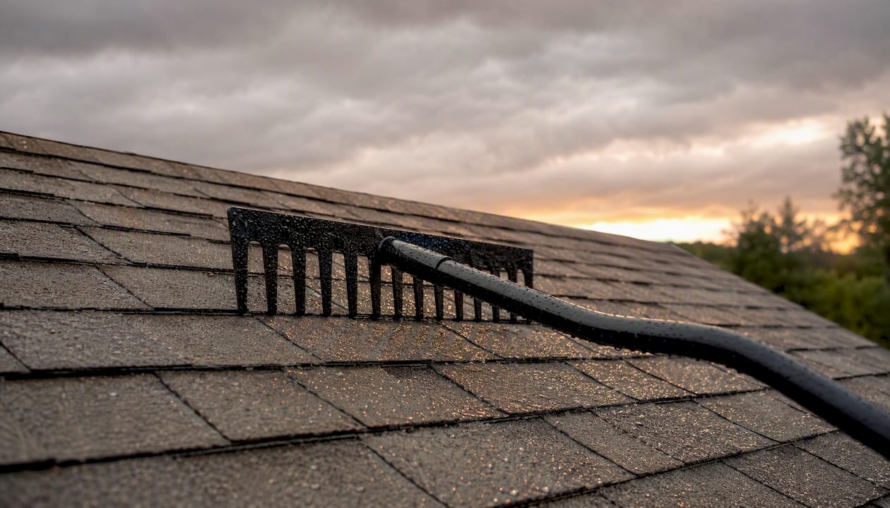 Roof rake tool on wet asphalt shingles