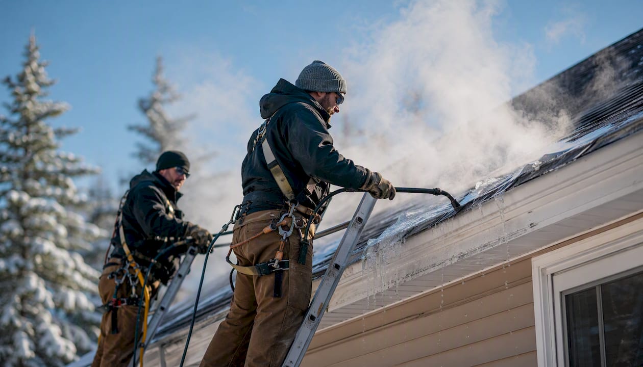Roofers removing ice dam with steam