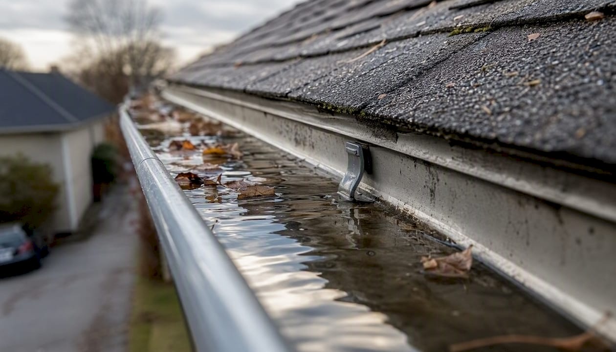 Standing water pooled in sagging gutter section