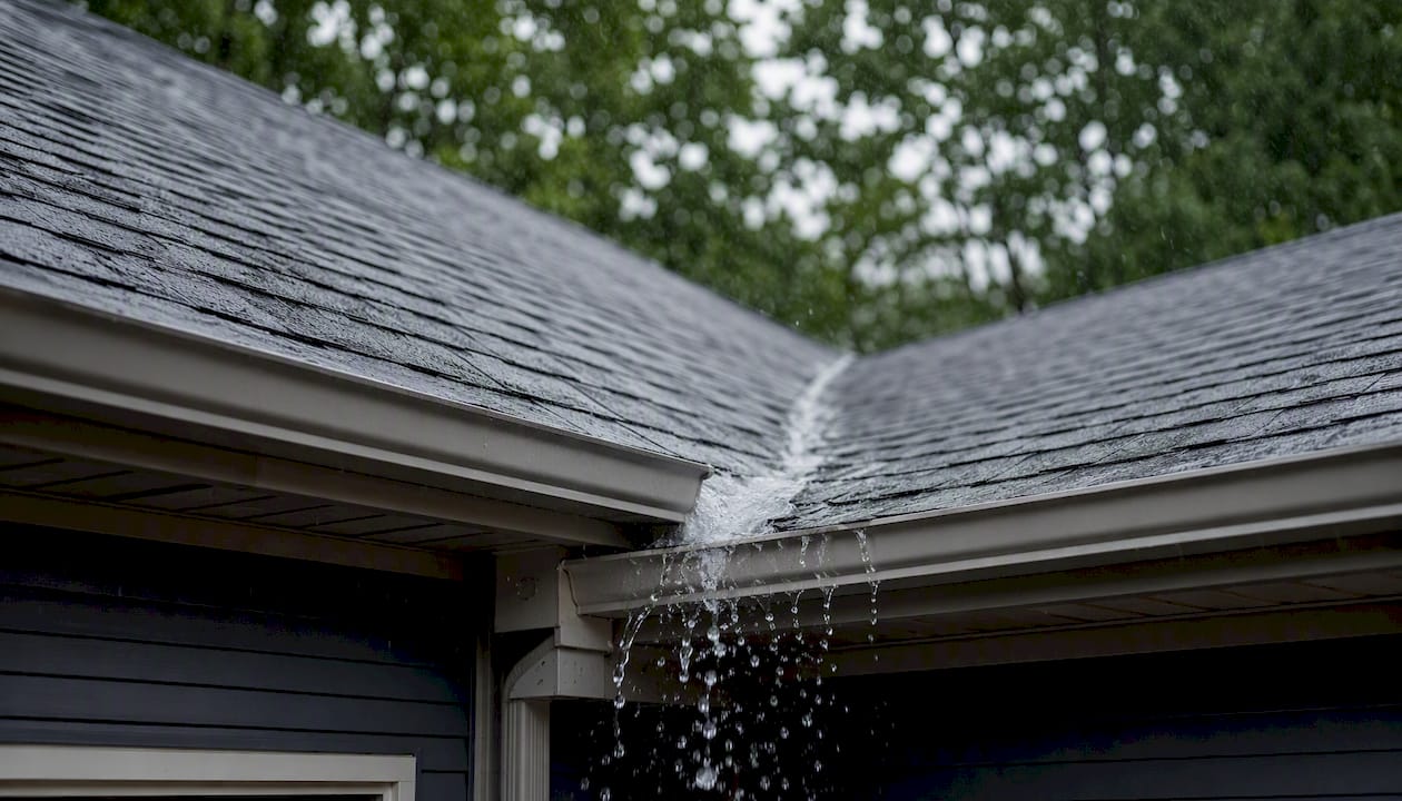 Roof valley funneling heavy rainwater into gutter