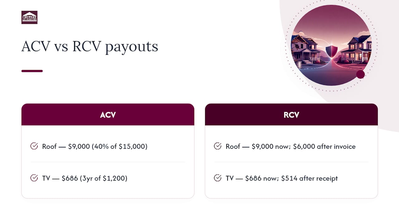 Diagram comparing ACV and RCV claim payments breakdown