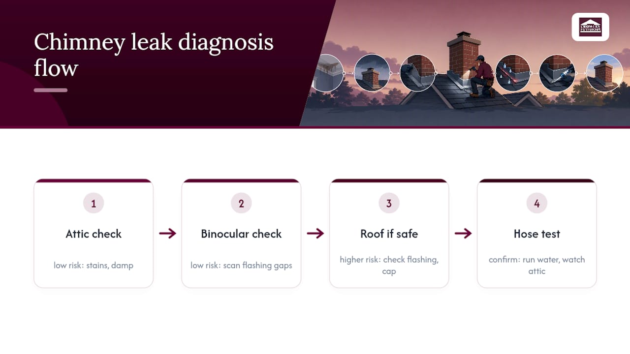 Flowchart showing chimney flashing leak diagnosis process