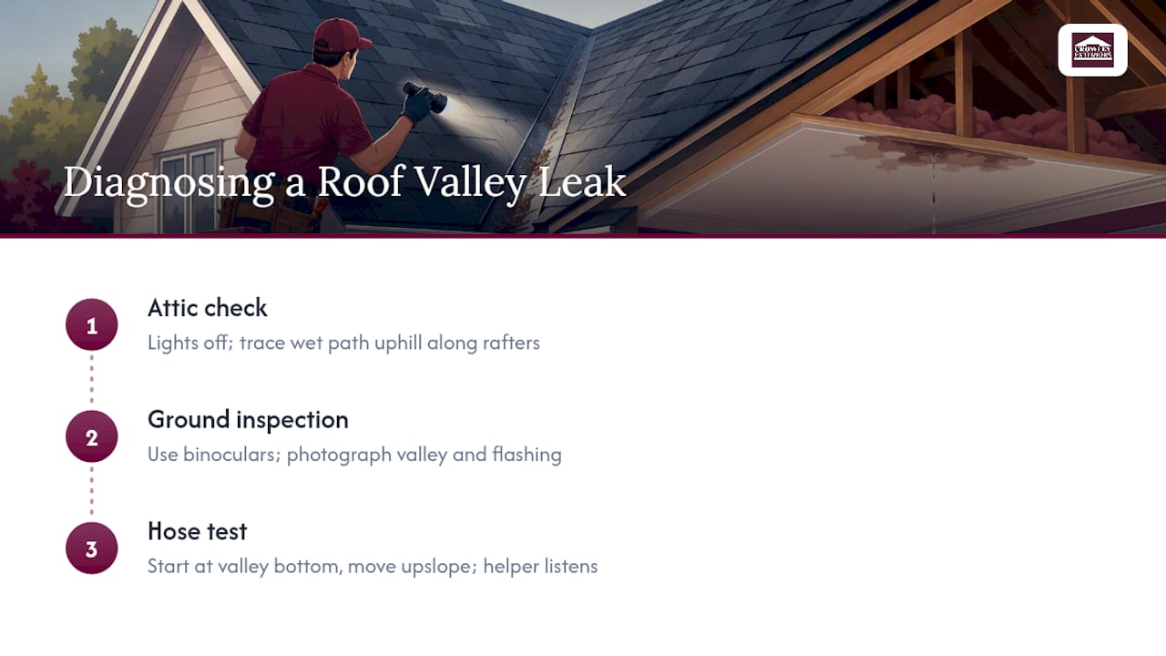 Step-by-step roof valley leak diagnosis process