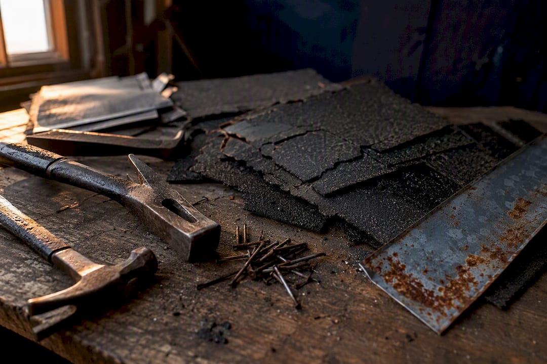 Close-up of worn roofing tools and damaged shingles