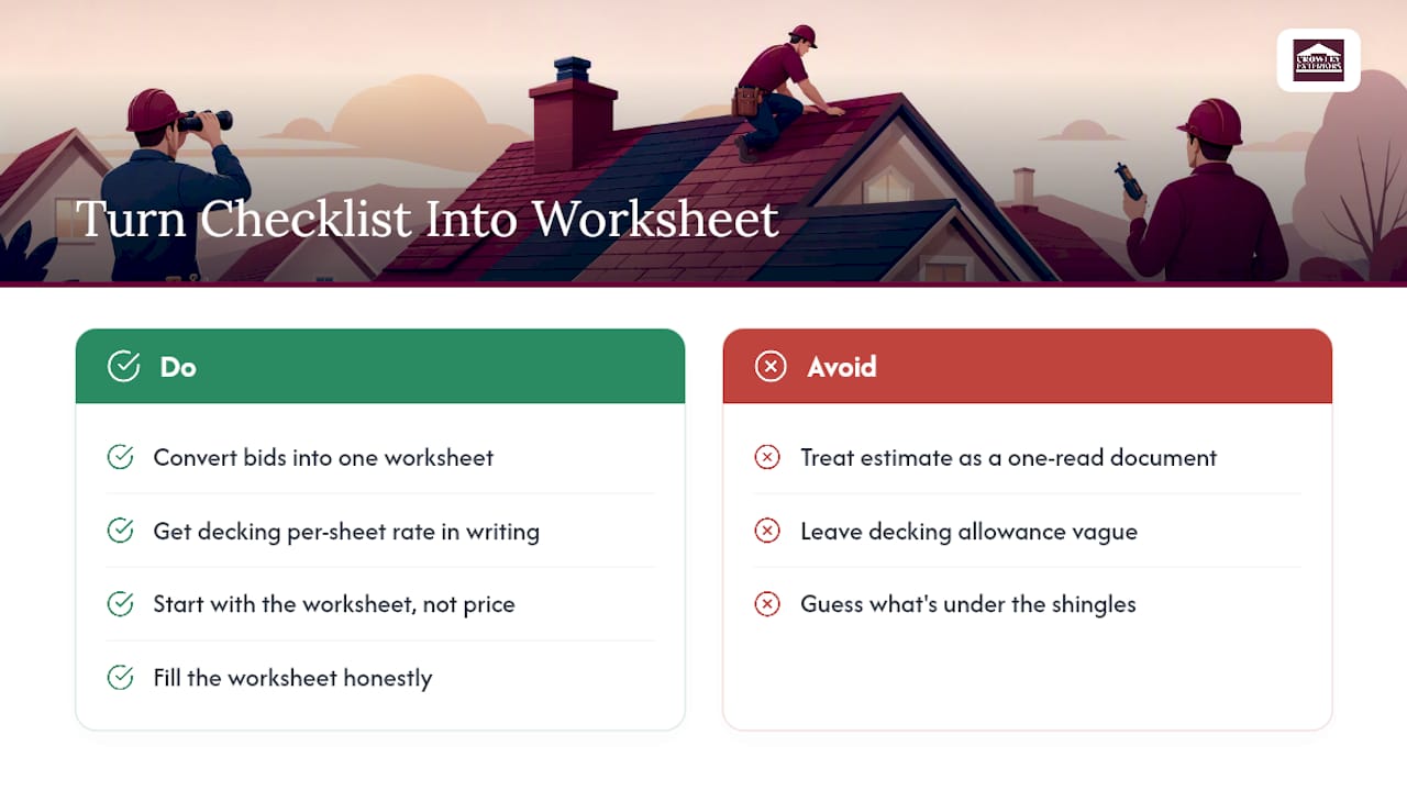 Comparison chart of roofing estimate checklist factors