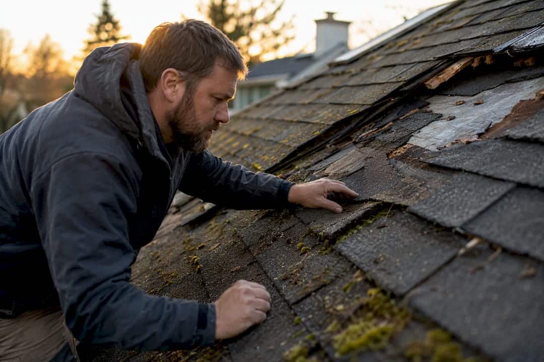 Close-up of roof inspection with hands on shingles