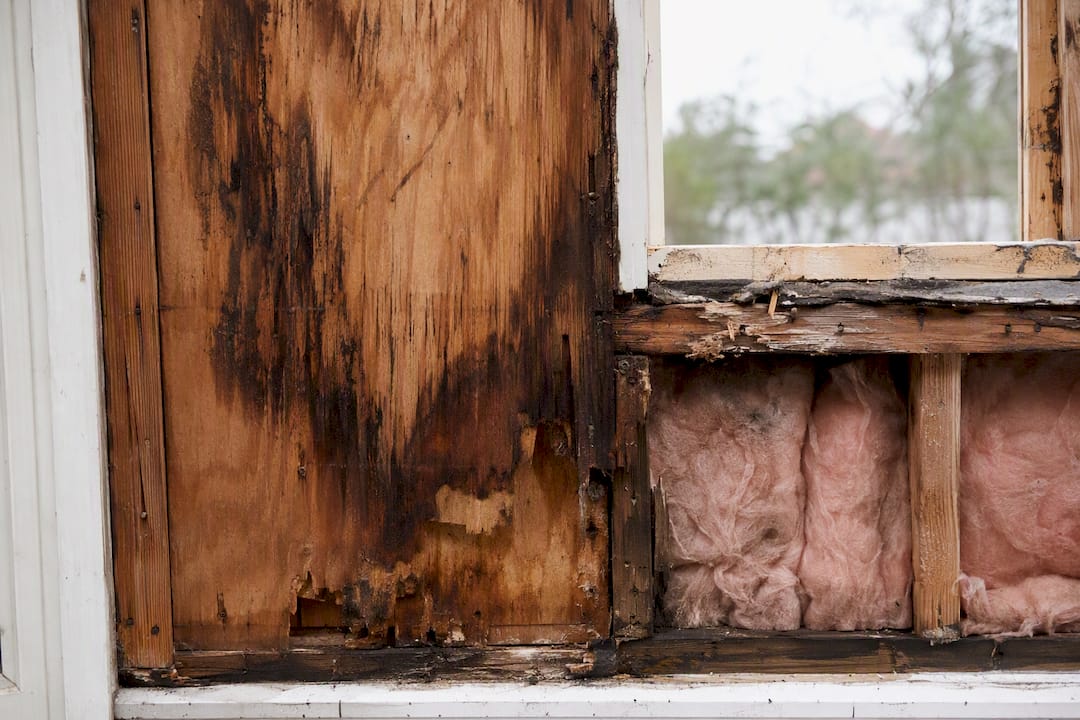 Moisture-stained sheathing behind removed siding