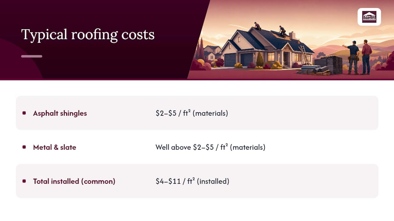Roofing material and installed cost ranges
