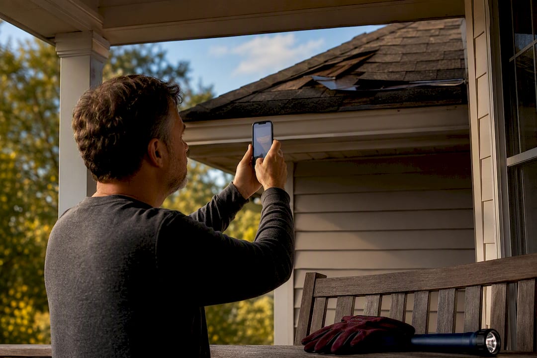 Homeowner documenting roof damage safely