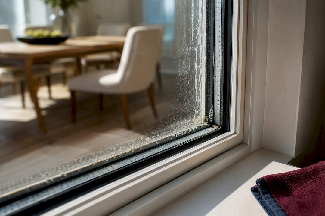 Mineral staining along a foggy window edge