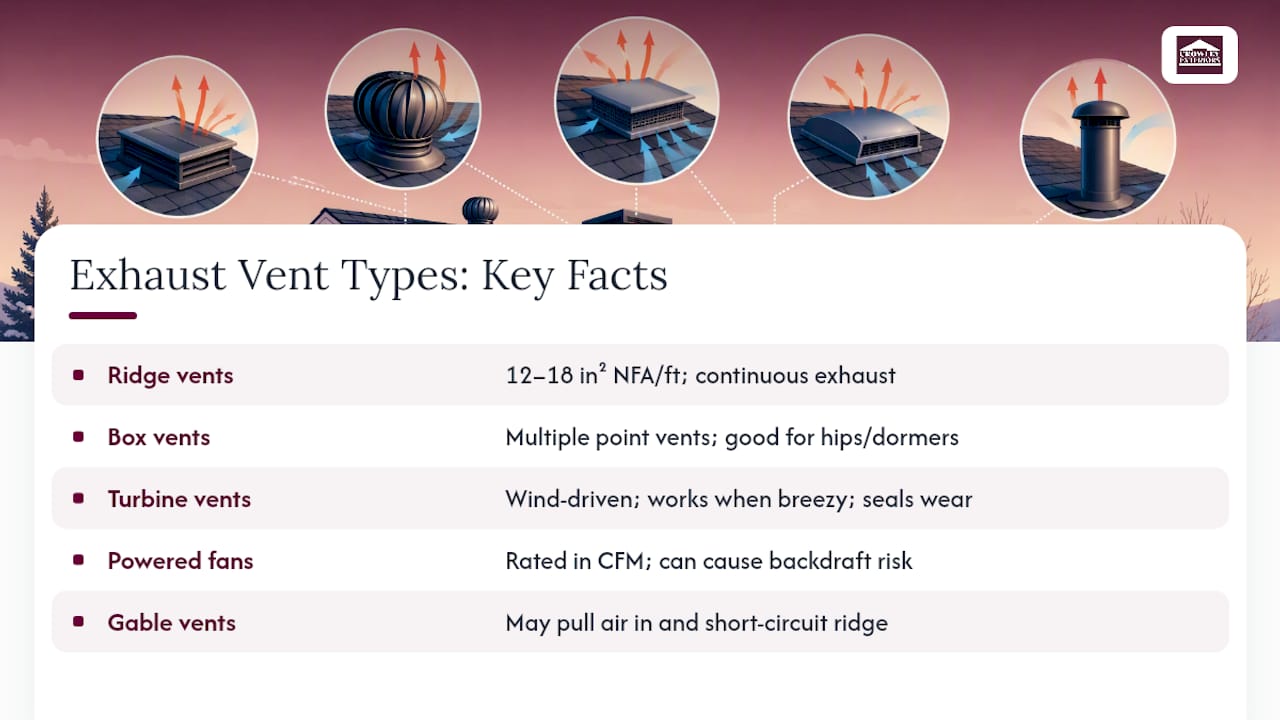 Exhaust Vent Types: Ridge, Box, Turbine, Powered, and Solar — overview diagram
