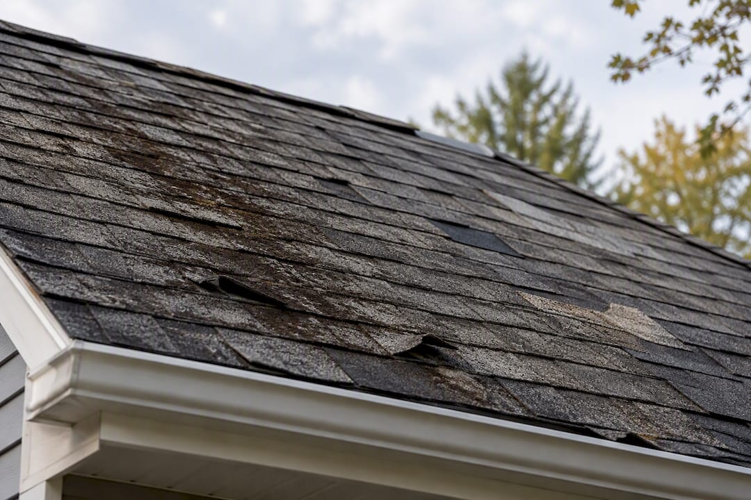 Weathered shingles with streaking and curled edges