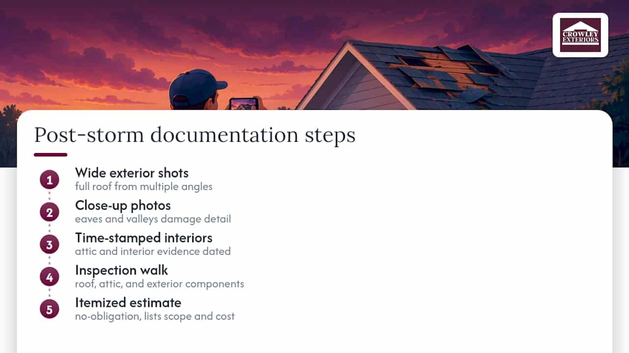 Crowley Exteriors' credentials and the publisher's 24-72 hour photo checklist — overview diagram