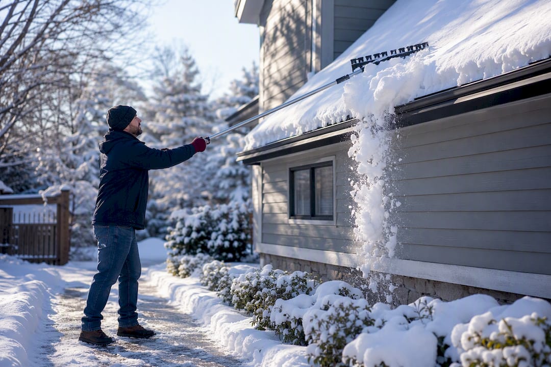 Homeowner removing roof snow from ground