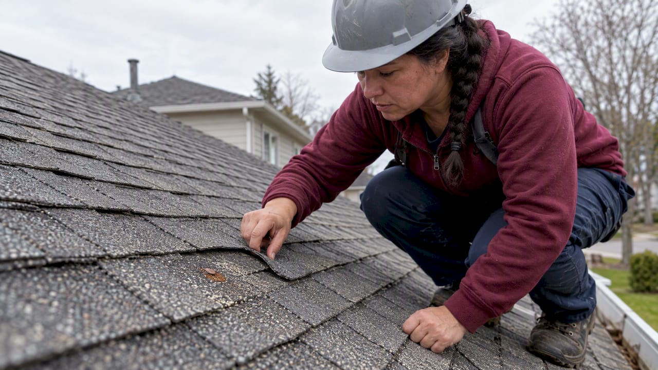 Roof technician examining clustered shingle damage