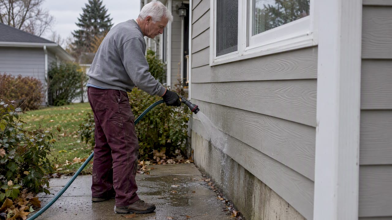 Homeowner washing exterior siding